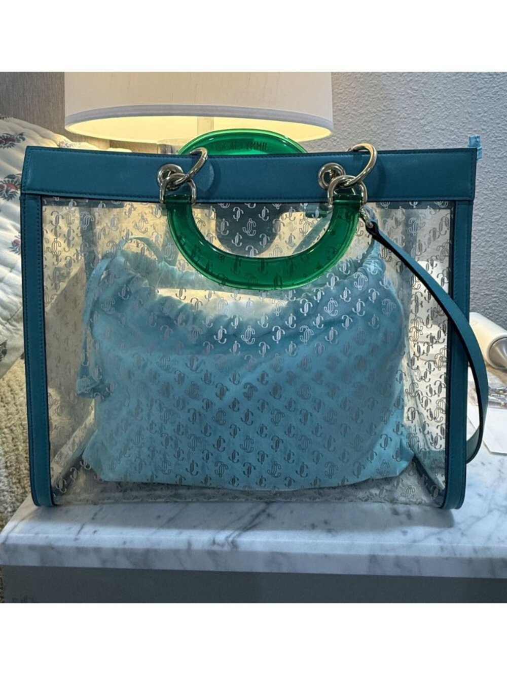 Jimmy Choo Varenne NWT Plexi & Leather With Lt Gold Hardware Tote - Picture 5 of 14